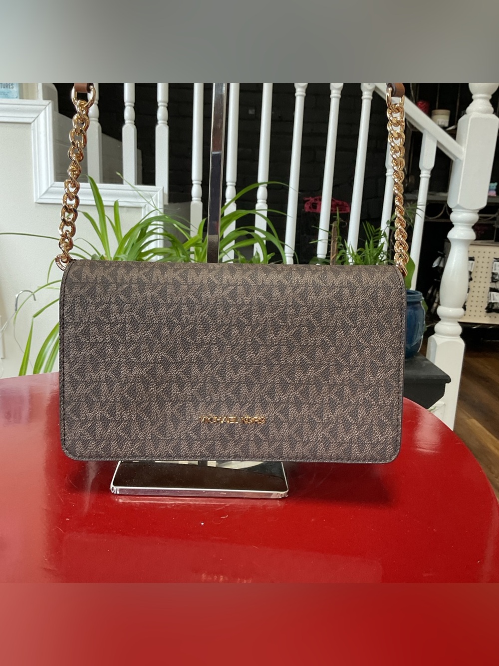 Michael Kors Jetset Brown Logo-Print Crossbody with Gold Chain NWT